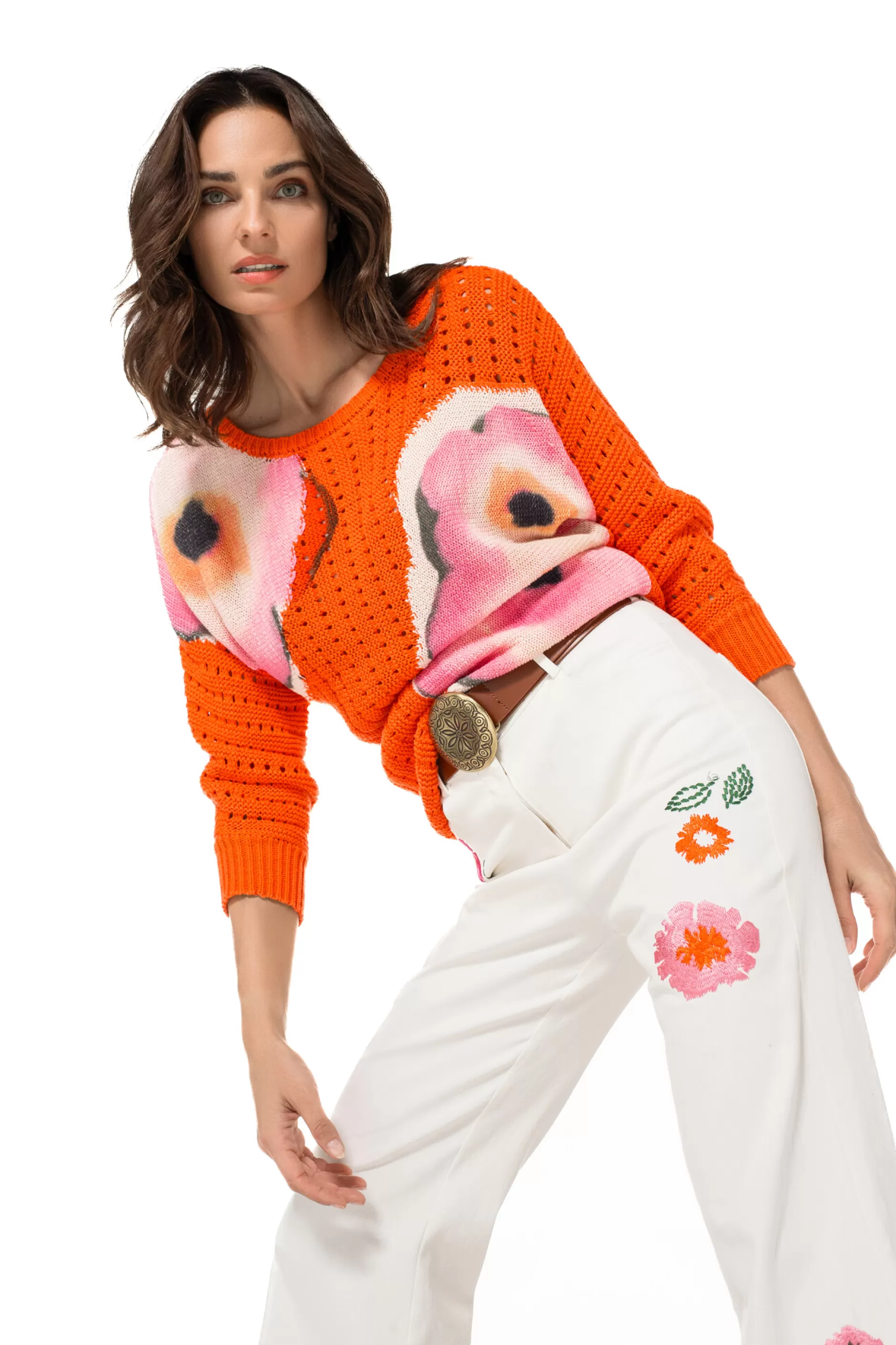 Caroline Biss 1509-69 / Comfortabele Jeans Met Broderie, Flared Leg, Normal Waist*Vrouwen Broeken